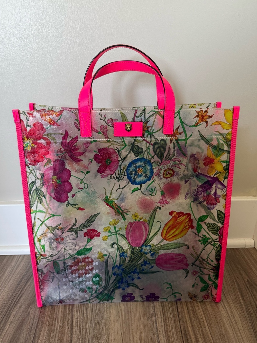 Gucci Floral Clear Tote with Hot Pink Trim